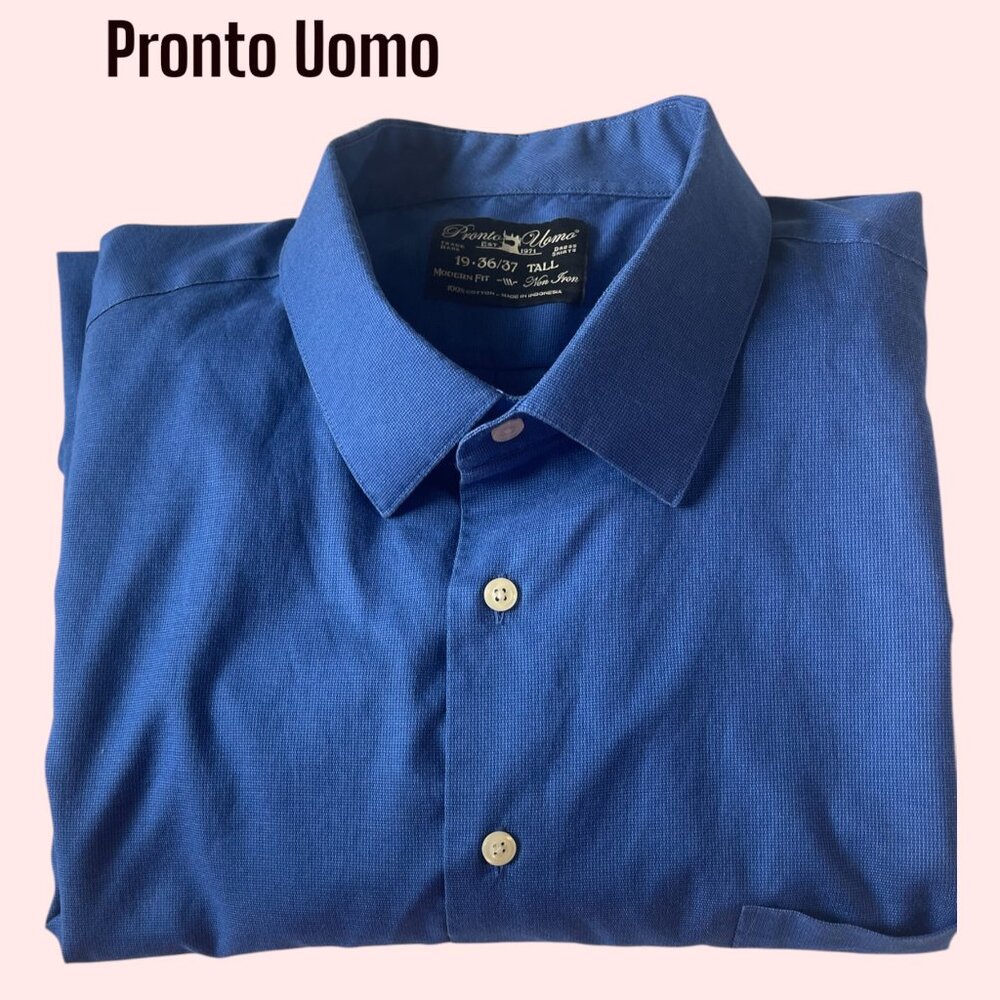 Pronto Uomo 19T 36/37 Big Tall Blue Non Iron Dress Shirt Men's Wearhouse EUC